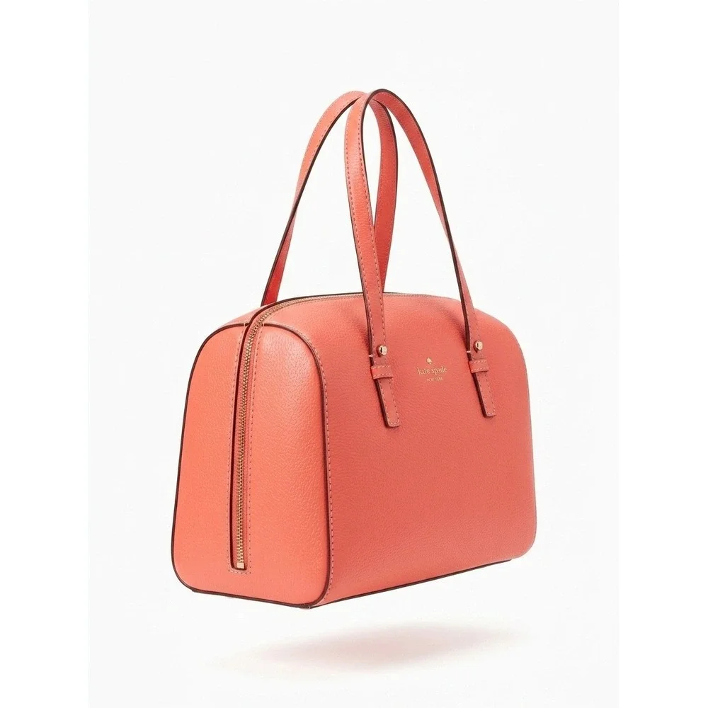Kate Spade Coral Pink Pebbled Leather Bowler Satchel Bag Plaid Interior Dome
